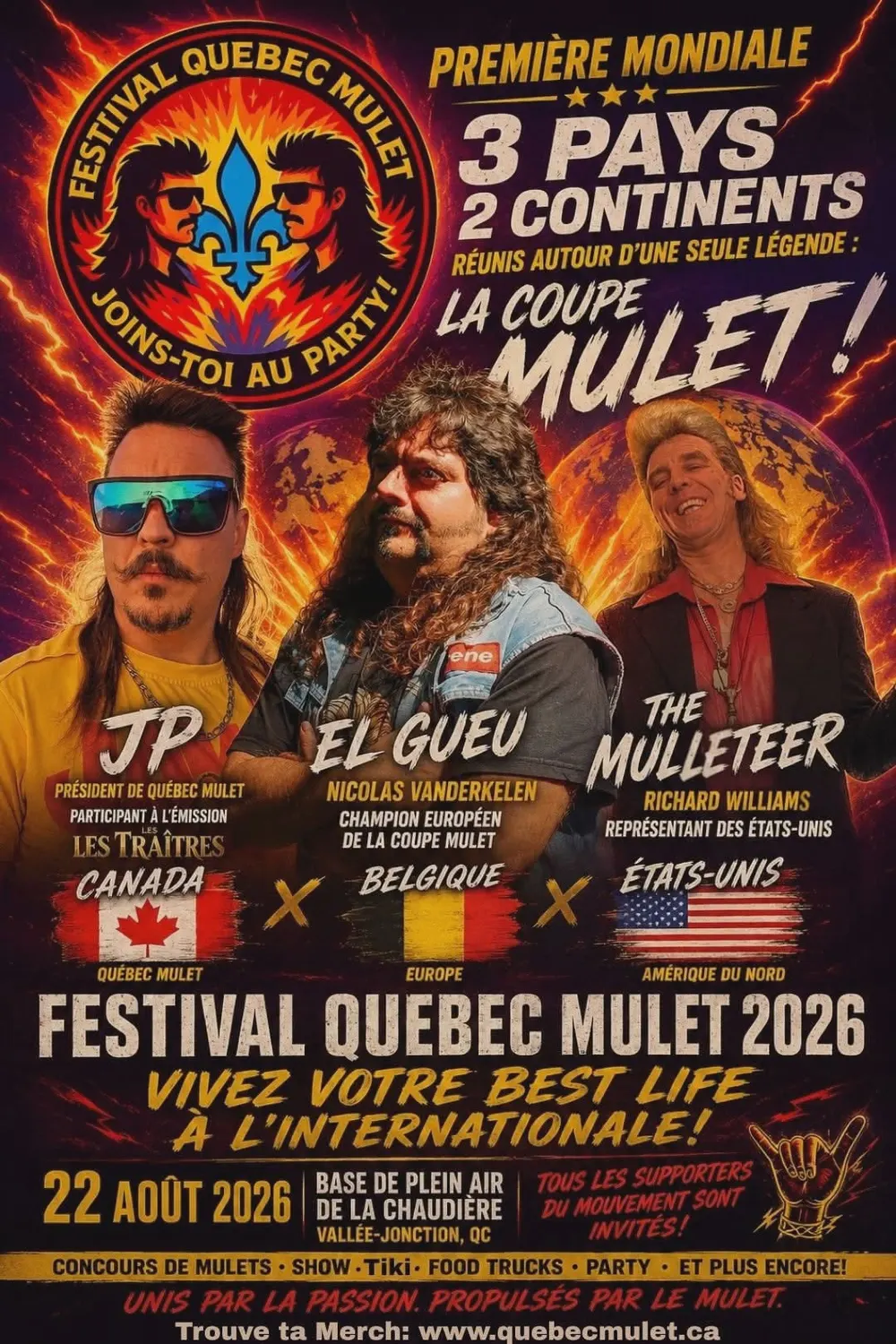 Affiche officielle du Festival Québec Mulet 2026 — 22 août 2026 à la Base de plein air de la Chaudière, Vallée-Jonction